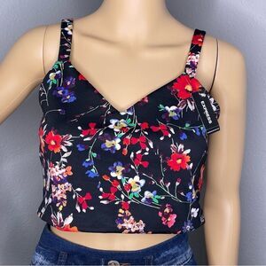 NWT Express Floral Crop Tank Top Black Red White Green Blue Size Small